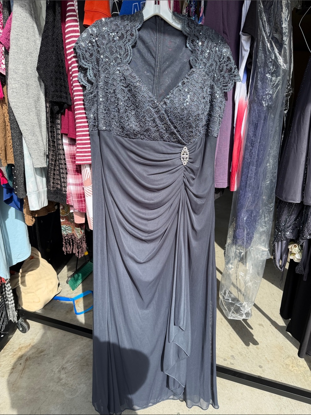 David's Bridal Charcoal Lace & Sequin Maxi Dress